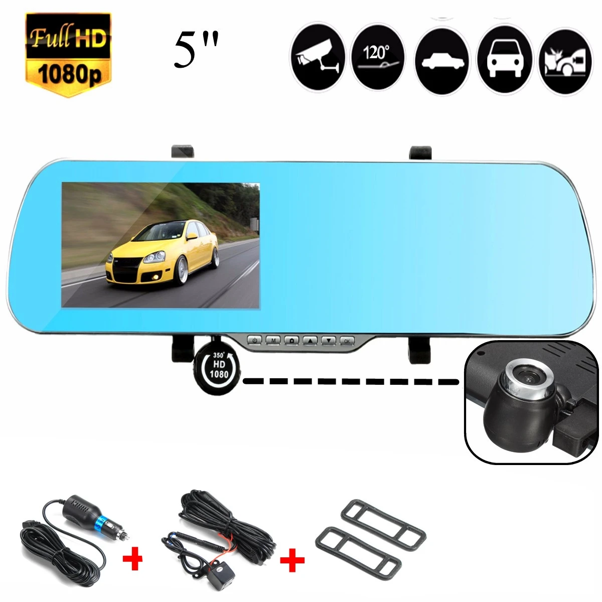 

5" HD 1080P LCD Car Rearview Mirror DVR 120 Degree Wide Angle Lens Dash Reverse Camera Dual Lens Night Vision Recorder
