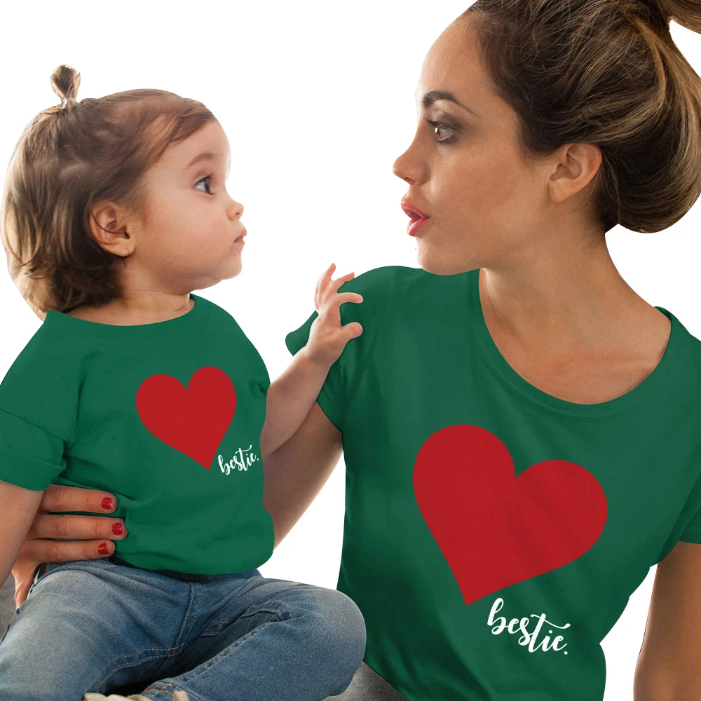 CYSINCOS/одинаковые комплекты для семьи Одежда для мамы и дочки одежда для мамы и дочки Футболка с принтом сердца милые топы, милая блузка - Цвет: green