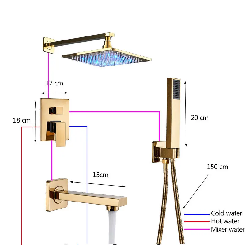 Роскошный Золотой светодиодный набор для душа, современный светодиодный душевой набор, смеситель для горячей и холодной воды, латунная Толстая душевая головка, 3way смеситель для ванной комнаты, душевой кран