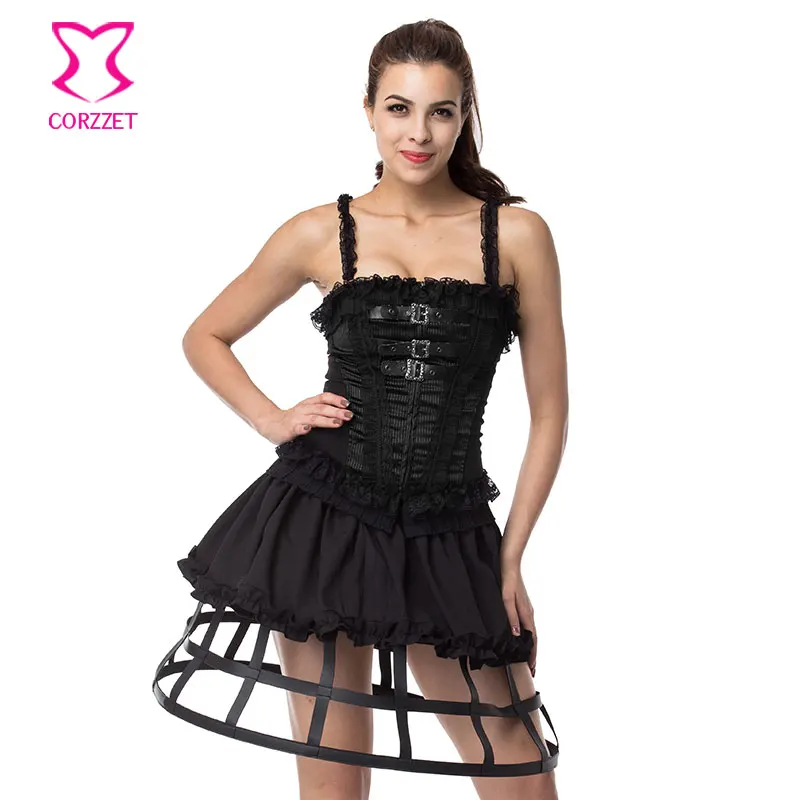 Victorian Lace Trim Zipper Bustier Corset Top With Straps Black Cotton