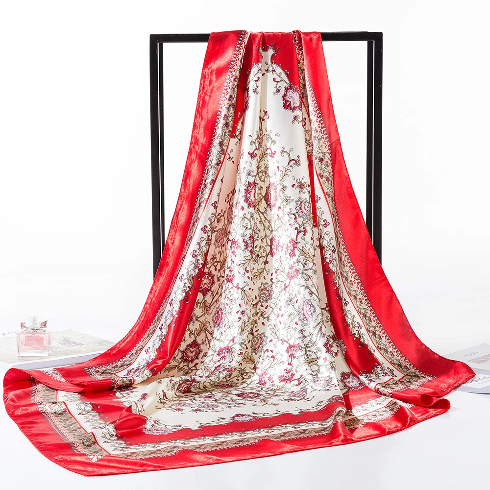 Модный квадратный шелковый шарф для женщин, Роскошный дизайнерский платок, бандана, летняя цепочка с принтом, платок, 90x90 см, большой атласный мусульманский хиджаб - Цвет: Красный