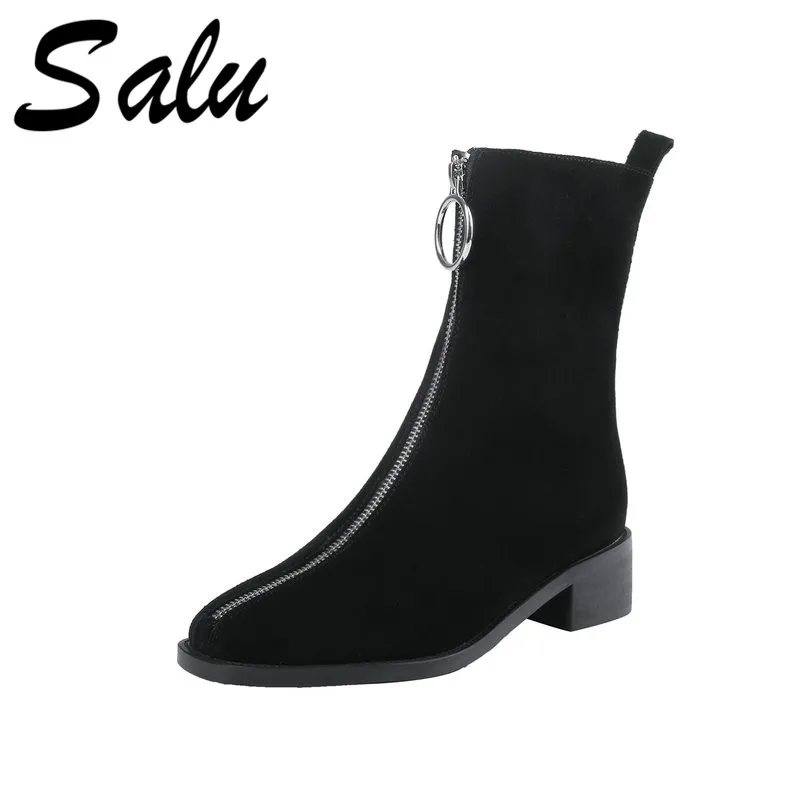 

Salu Fashion Boots Women Ankle Boots Cow Suede Quality High Heels Ladies Shoes Woman Round Toe Short Motorcycle Boots