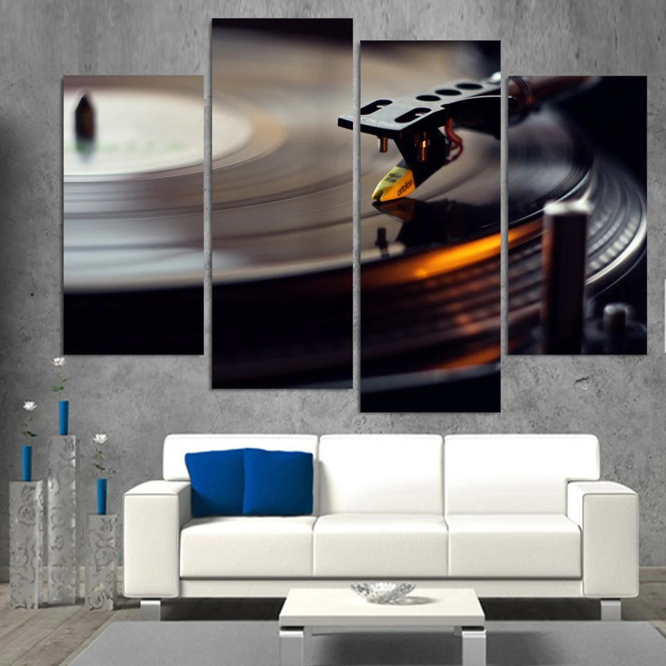 

Framework Living Room Wall Art Pictures HD Printed 4 Panel Vinyl Disk Records Modern Painting On Canvas Home Decoration Poster