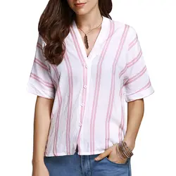 2018 Новый Для женщин блузки и Топы Blusa Feminina Повседневное Рубашка с короткими рукавами v-образным вырезом свободные летний топ Полосатые