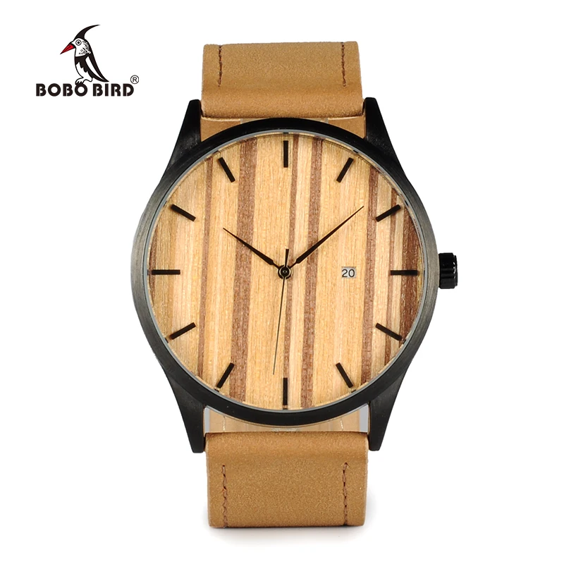 BOBO BIRD WG16 Simple Top Brand Luxury Metal Quartz Wrist Mens Watch Calendar Display Wood Dial Face Watches Accept OEM Relogio