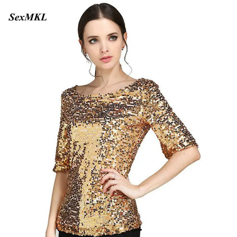 

2019 Plus Size Women Blouses Summer Fashion Sexy Sequined Embroidered Half Sleeve Lady Tops Loose Casual Shirt Gold Blusas S-5XL
