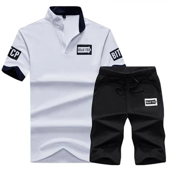

Student T Shirts + Shorts Summer Mandarin Collar Tshirt Men Letter Printed Sportsuit Set T-Shirt Suit Male Men Casual Top 4XL