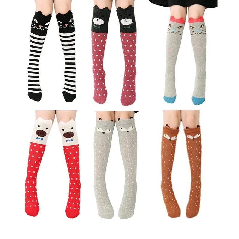

Cartoon Animal Cat Bear Fox Cotton Over Calf Knee High Socks, 6 Colors, One Size
