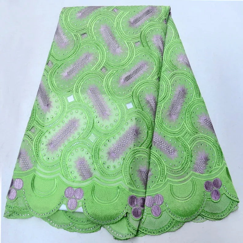 

Beautiful green Cotton African Lace Fabric With Stone Embroidery High Quality Hot Selling Nigerian Swiss Voile Lace Fabric 5yard