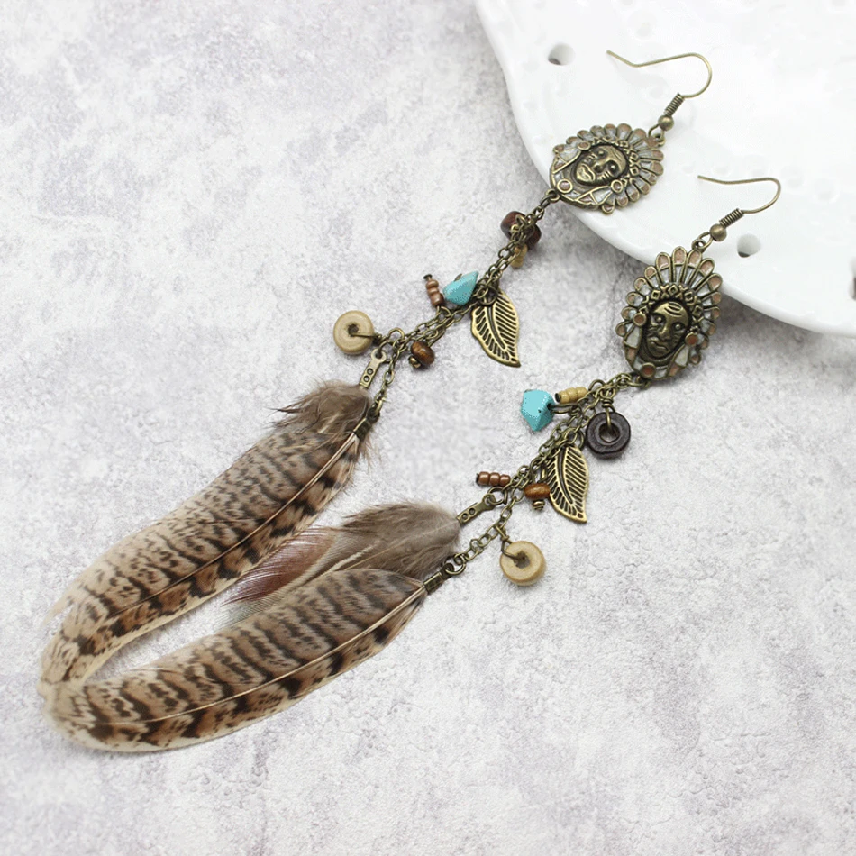 

Religion Buddha Statue Head Earrings For Women Suspension Metal Chain Blades Wooden Beads Long Feather Fringes Jewelry