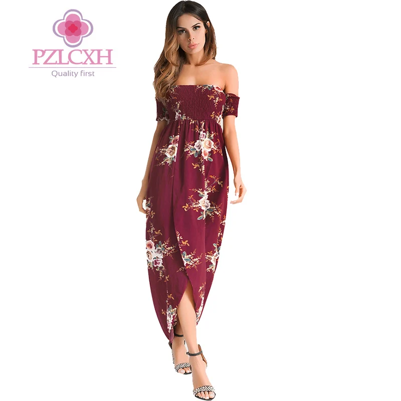 PZLCXH 2018 New Spring Summer Print Dress Women European Elastic Waist Irregular Long Dresses Sexy Party robe vestidos ZB042 | Женская