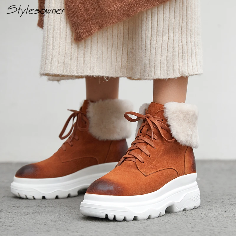 

Stylesowner Suede Leather Women Boots Platform Winter Snow Boots Lace Up Fold Heels Shoes Retro Fashion Ankle Boots Big Size 41