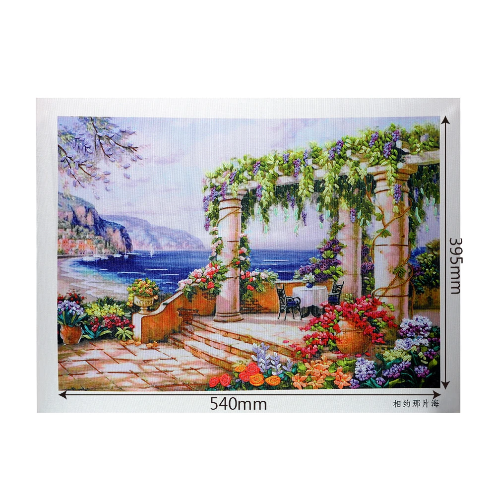 HILIFE DIY Cross Stitch Painting Kit Landscape Garden Floral Painting Kits for Embroidery Needlework Set Ribbon Embroidery