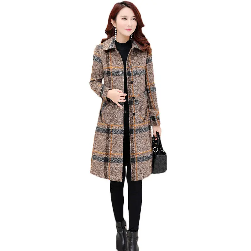 Шерстяное клетчатое Женское пальто средней длины в Корейском стиле, новинка, модное однобортное Женское шерстяное пальто большого размера LQ542