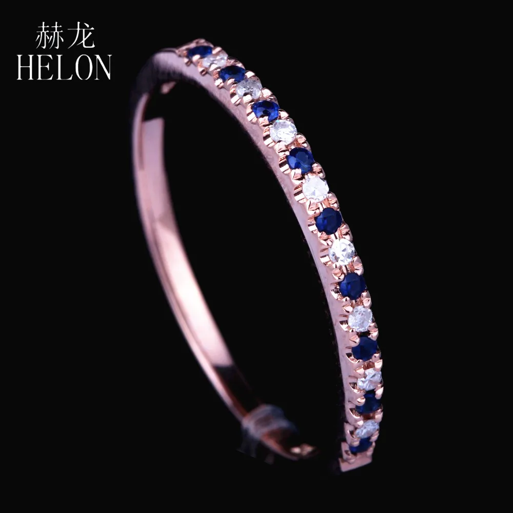 HELON Genuine Natural Diamonds & Sapphires Ring Solid 14k Rose Gold Wedding Ring gemstone ring For Women Trendy Fine Jewelry