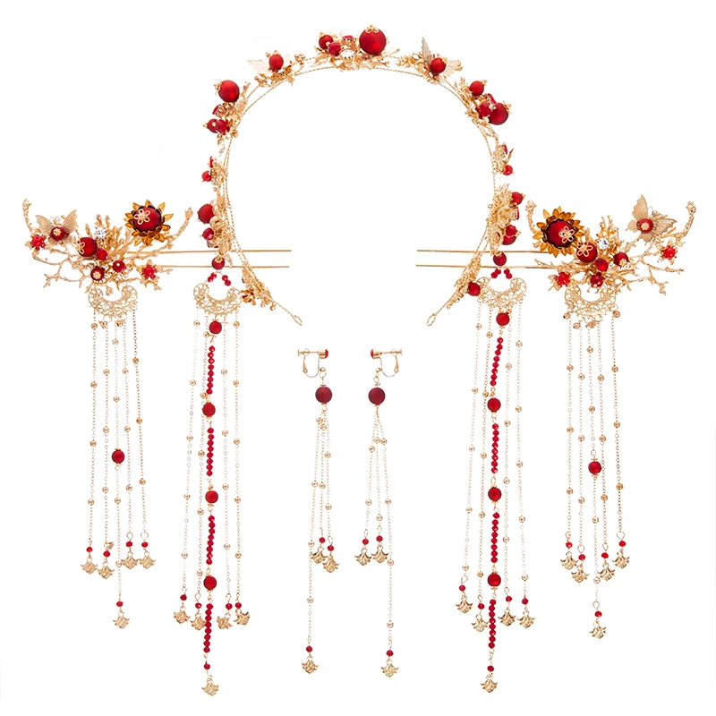 HIMSTORY Ретро китайский стиль традиционный свадебный головной убор шпилька красный жемчуг золото длинная повязка на голову с бахромой свадебные аксессуары