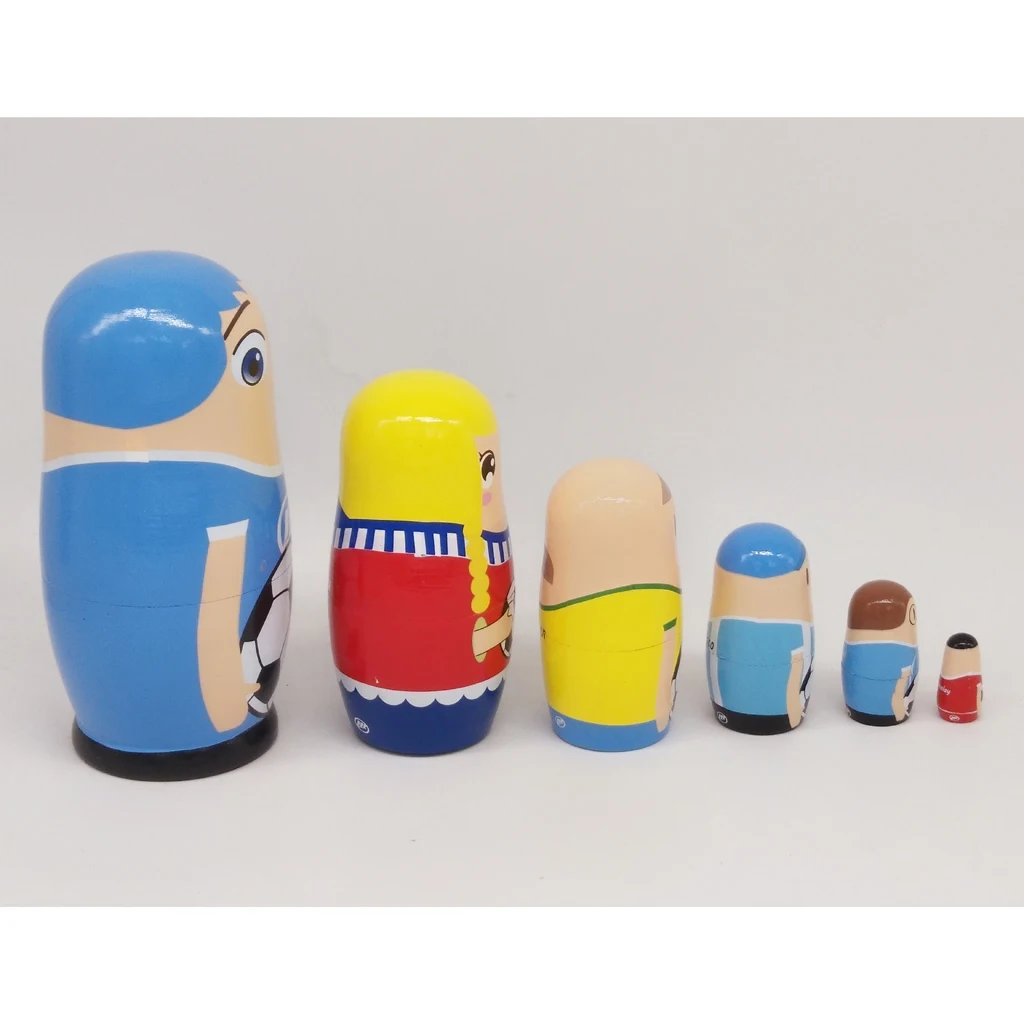 MagiDeal 6pcs Cute Football Player Matryoshka Wooden Russian Nesting Dolls For Kids Children Playing Doll
