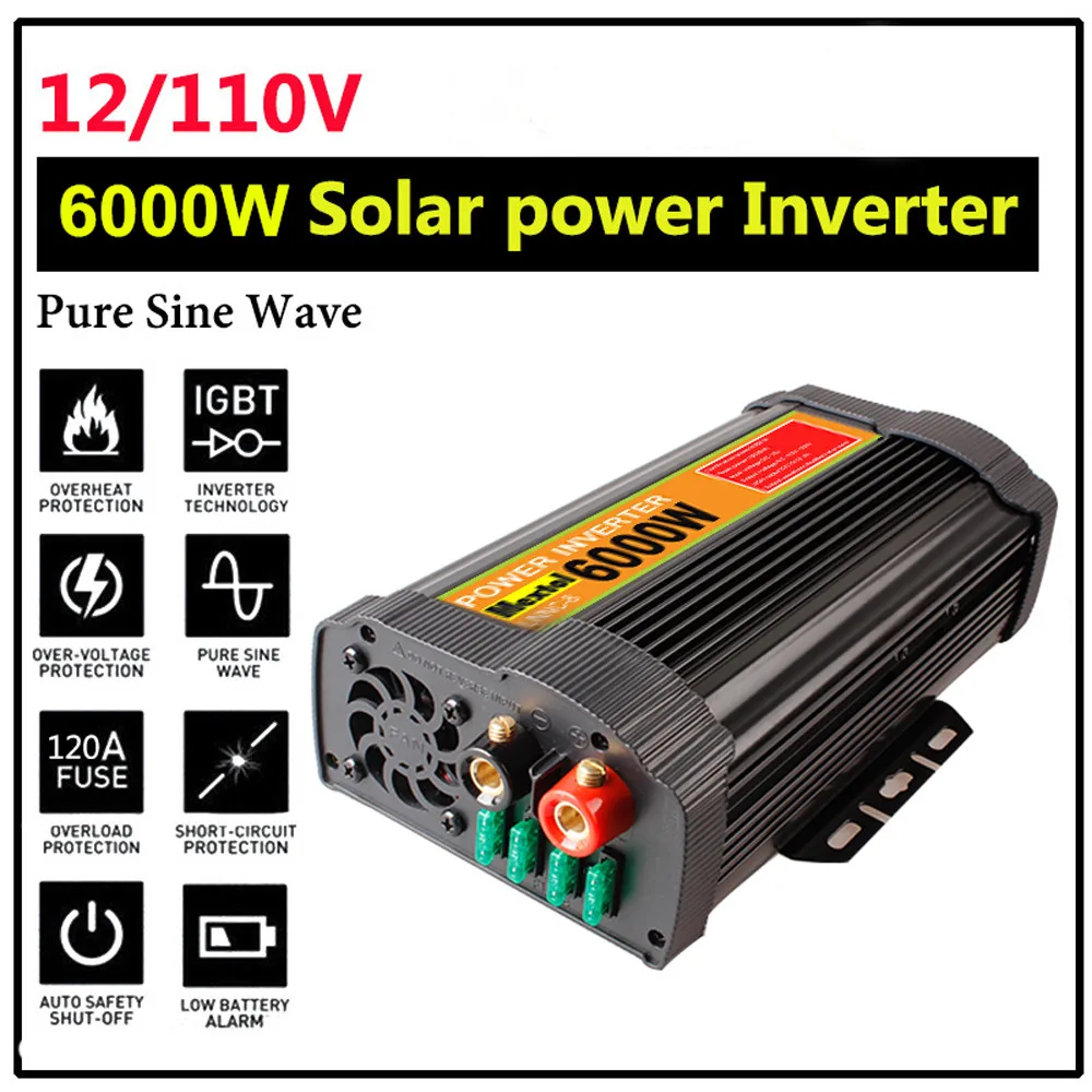 

CARPRIE Car Inverter 6000W 12000W Peak Solar Power Inverter 12V DC To 110V AC Sine Wave Converter Black m21