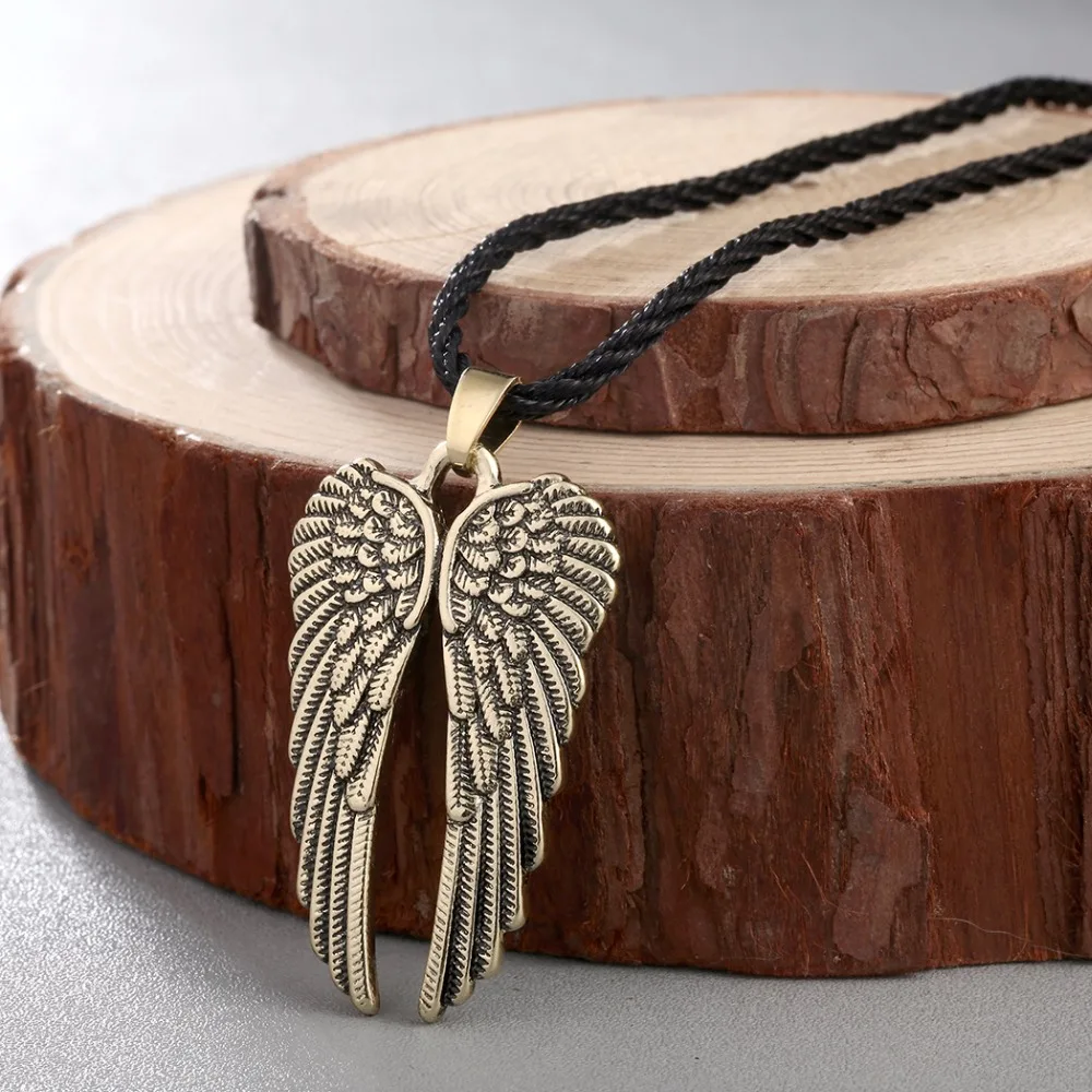 

CHENGXUN Black Rope Cord Angel Feather Wing Charms Slip-on Necklace Brushed Antique Jewelry Gift for Boyfriend