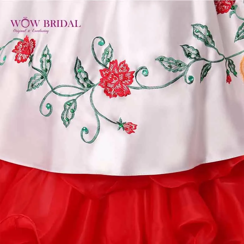 Wowbridal роскошный белый красный Вышивка Quinceanera платье бальное платье оборками из органзы Слои сладкий 16 платье Vestido De 15