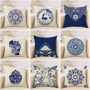 

New classical Chinese style blue and white porcelain cotton linen home sofa pillowcase car seat cushion cover bed pillow cover