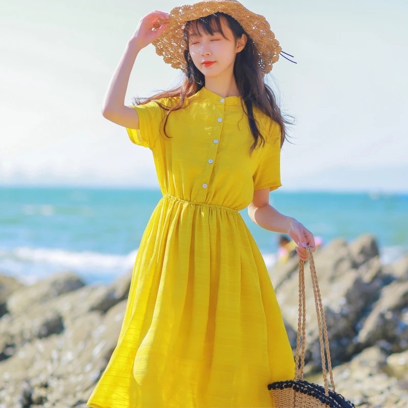 Mori Girl/желтое платье в Корейском стиле Модные женские летние платья с короткими