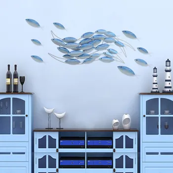 

Modern Wrought Iron Sea Fish Group Wall Hanging Ornaments Home Livingroom Wall Mural Crafts Hotel Bar Wall Sticker Decoration