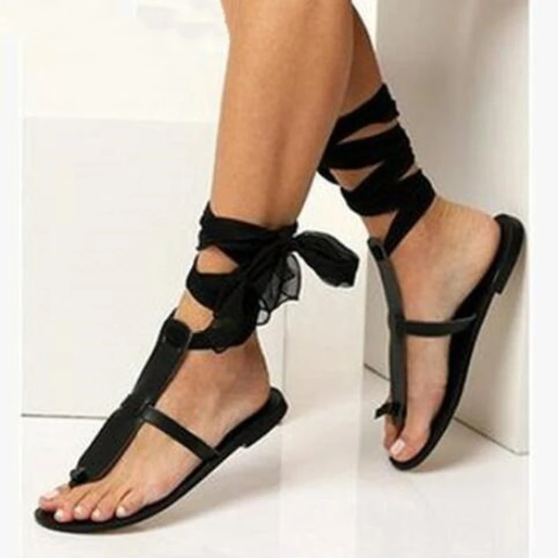 

Women Sandals Gladiator Sandal Black White Sexy Cutout Knee High Sandalias Flip Flops Roman Style Lace-up Woman Flat SandalsE769