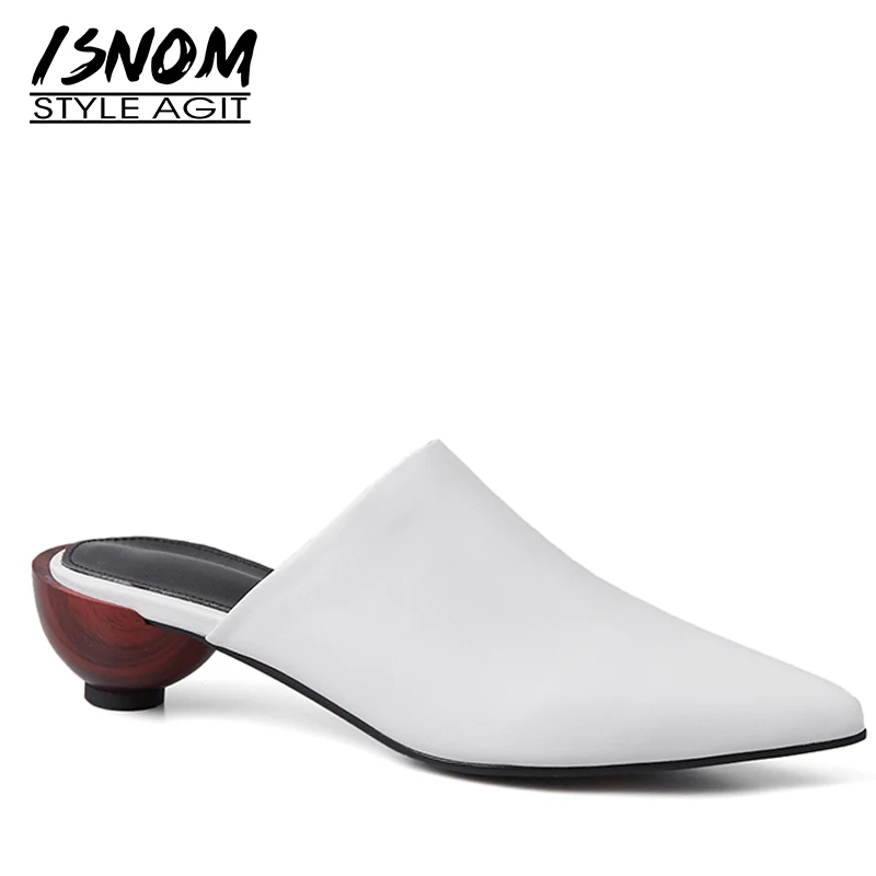 

ISNOM Unusual Heel Wood Slippers Woman Pointed Toe Footwear Cow Leather Slides Shoes Female Party Mules Shoes Women Summer 2019