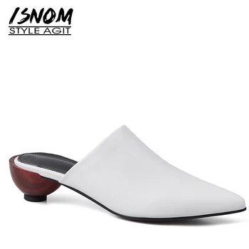 

ISNOM Unusual Heel Wood Slippers Woman Pointed Toe Footwear Cow Leather Slides Shoes Female Party Mules Shoes Women Summer 2019