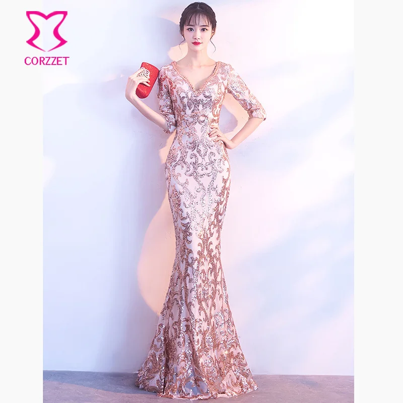 

Gold Paisley Sequined & Gem Beading Deep V Neck Half Sleeve Floor-length Luxury Sexy Club Dress Women Party Dresses Elegant 2018