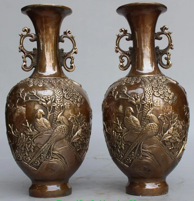 

huij 007375 13"Marked China Dynasty Palace Bronze Four Seasons Bird Flower Vase Statue Pair