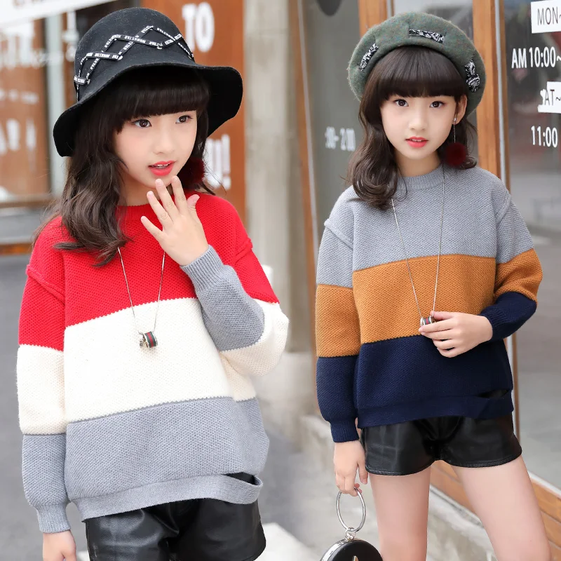 

Toddler Girls Sweater Winter Cotton Striped Teenage Girls Knit Pullover Autumn Children's Knitwear Long Sleeve Sweater Costume