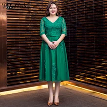 

Green Evening Dresses Long Luxury Appliques Rhinestone A-line Tea-Length Plus Size Formal Gowns With Half Sleeves For Women