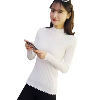 

SVOKOR Women Sweater Autumn Half High Collar Long Sleeve Lace Pullover Sweate Slim-fit Warm Bottoming Shirt