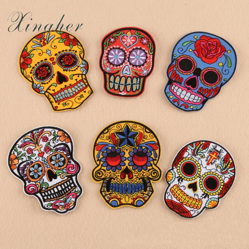 

XINAHER 6pcs/lot new skull Iron On Patches Embroidered Patches Apparel Fabric Sewing Applique DIY Clothes Stickers Patches