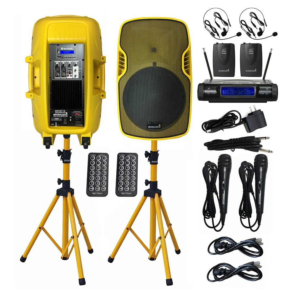 

STARAUDIO 2Pcs 3500W Powered 15" DJ Stage Speakers PA Active Speaker Stands 2CH UHF Wireless Headset Microphone System SSYM-15