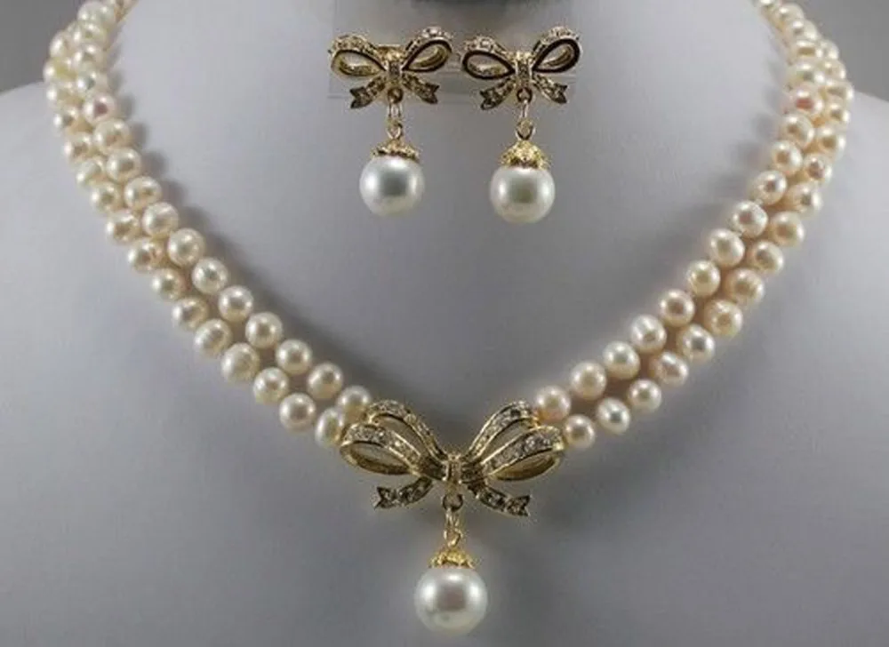 

18k Yellow Gold GP 6-7mm White Pearl & Shell Pearl Pendant Necklace Earring Set