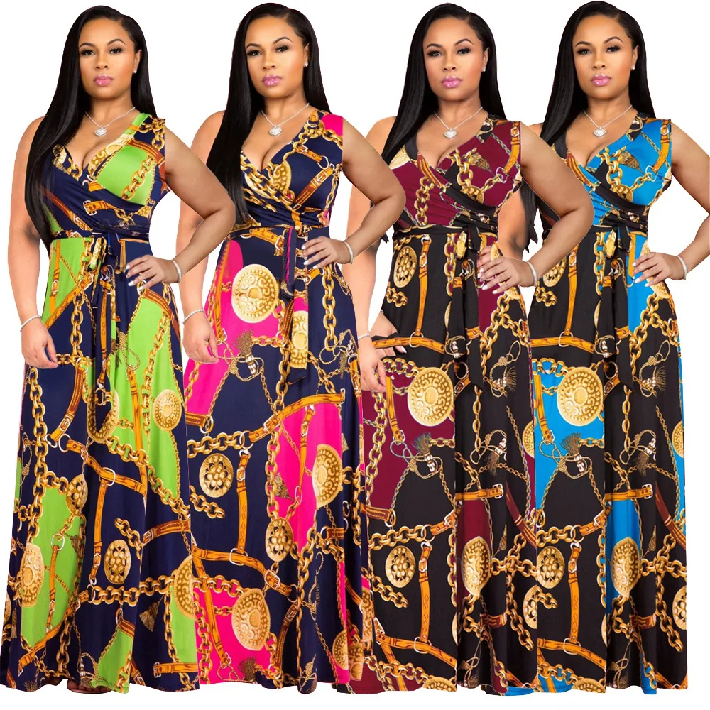 Африка Костюмы Мода золотая цепочка с длинным рукавом поясом длиной макси платье Для женщин осенний облегающий халат Длинные вечерние