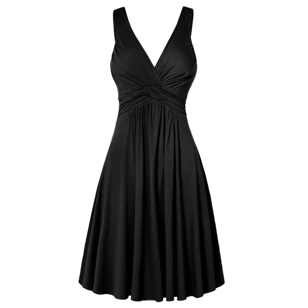 

2019 New Summer Women Dress Formal Sexy Solid Plus Size V-neck Retro Sling Pleated Slim Flare Party Sundress AD