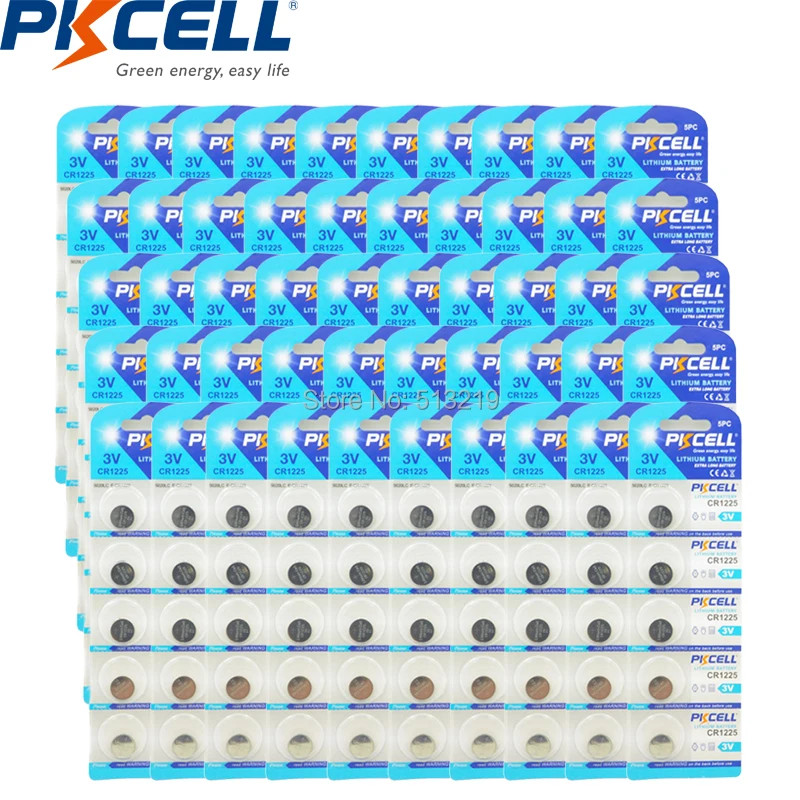 

Wholesale 250pcs/50card PKCELL Lithium 3V CR1225 BR1225 ECR1225 KCR1225 LM1225 button Coin Cell Batteries for Alarm Keyless