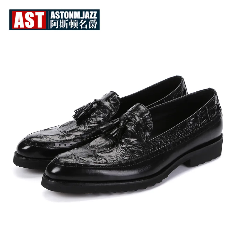 Alligato/мужские туфли-оксфорды из натуральной кожи с кисточками; свадебные туфли на квадратном каблуке; модельные туфли с бахромой и принтом «крокодиловая кожа» - Цвет: Black