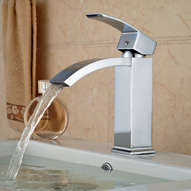 

Single Handle Square Waterfall Basin Faucet One Hole Hot and Cold Mixer Water Taps Chrome Finish