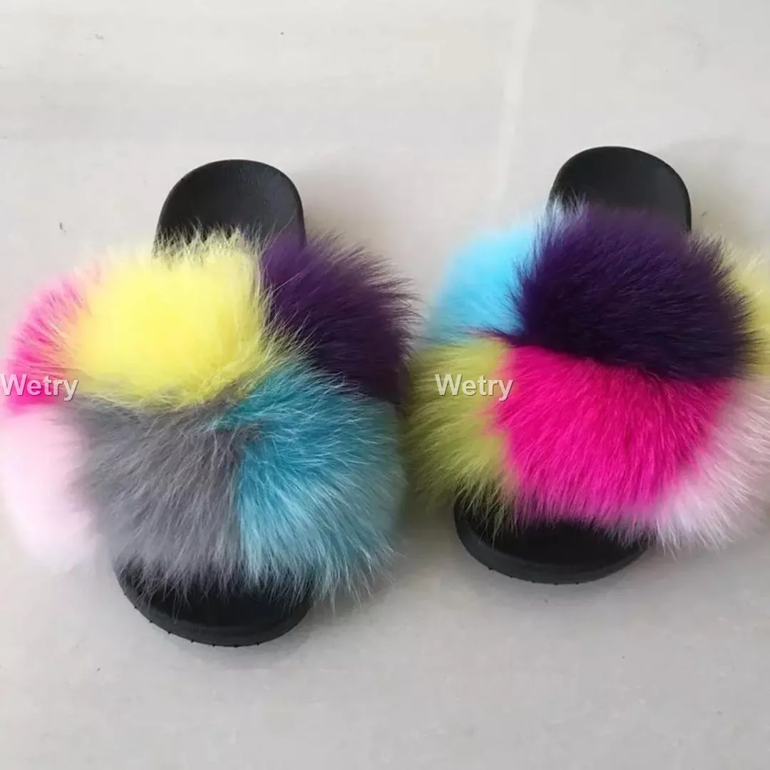 New Mixed Color Real Fox Fur Slippers Slides Casual Shoes Fluffy Slippers Flip Flops Furry Shoes Women