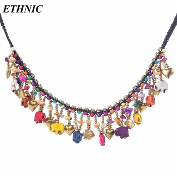 

2018 New Women's Handmade Elephant Stone Charm Chokers Necklace for Women Bohemian Statement Necklace Gold-color Beaded Chain