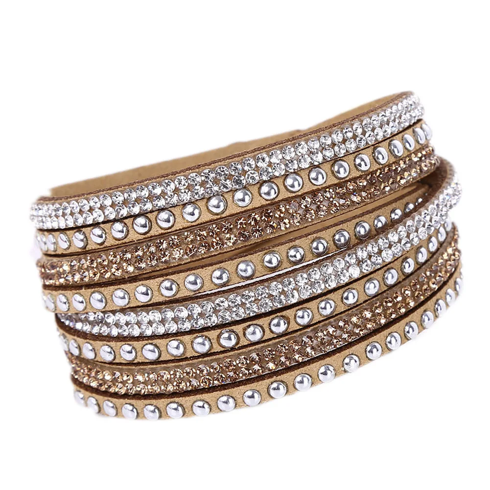 Кожаный браслет со стразами, браслет с кристаллами, многослойные браслеты для женщин, женские браслеты Mulher, ювелирные изделия - Окраска металла: kahki