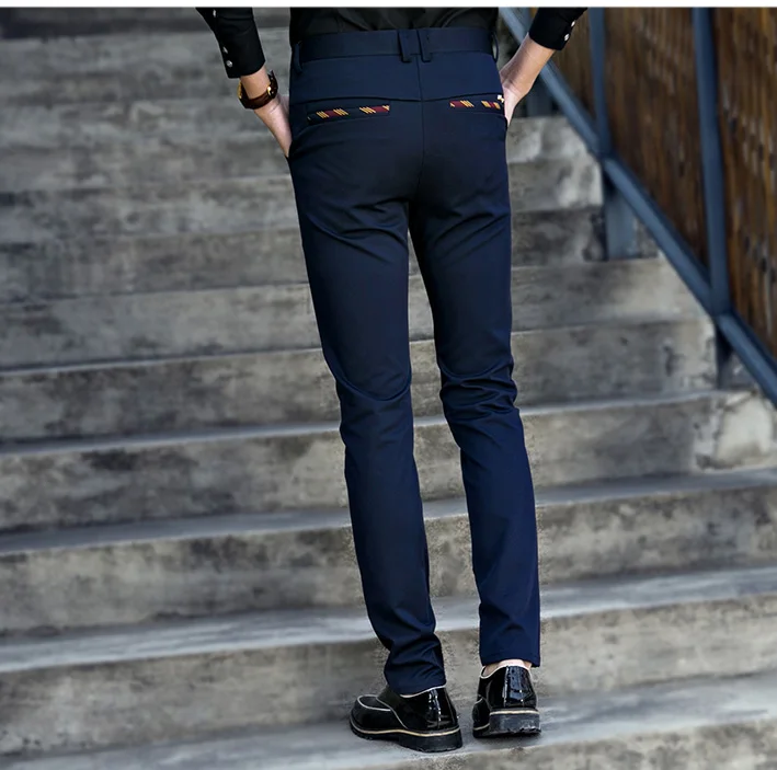 Демисезонный мода slim fit Для мужчин деловые штаны прямые платья Для мужчин s эластичный Деловой брючный костюм мужской черный темно