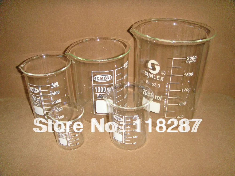 A Set of Glass Beakers 100ml 250ml 500ml 1000ml 2000ml each oneglass