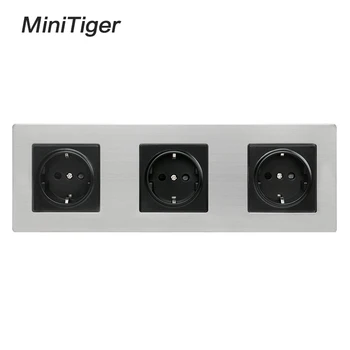 

Minitiger Stainless Steel Panel Triple Wall Socket 16A EU Russia Spain Electrical Outlet Silver Black Child Protective Door