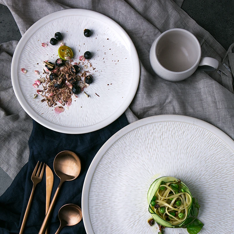 

KINGLANG 2 -Sizes Ceramic White Steak Fruit Plate Round Vegetable Plate Tableware